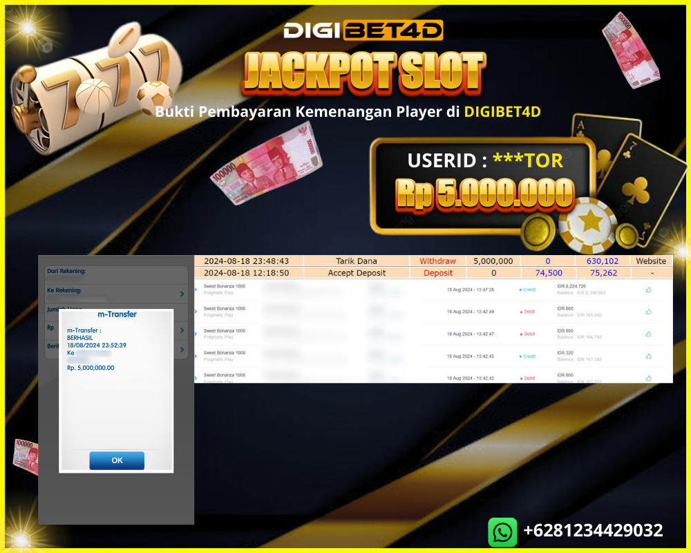 JACKPOT KEMENANGAN SLOT ONLINE “ SWEET BONANZA 1000” 5 JT