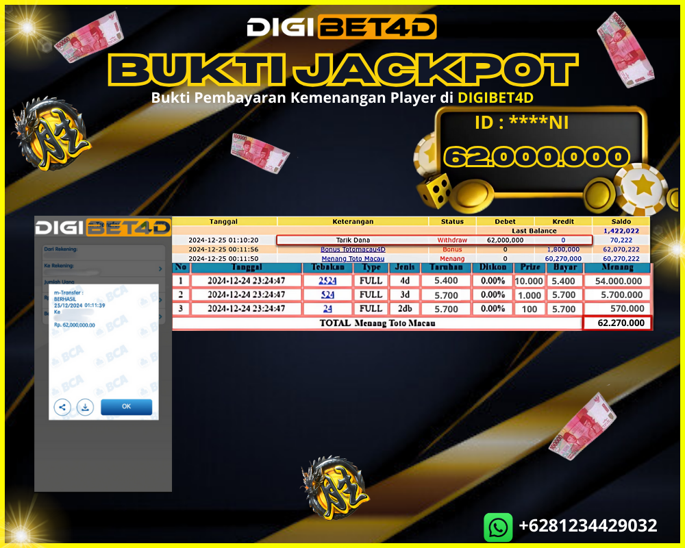 DIGIBET4D JACKPOT KEMENANGAN TOGEL ONLINE PASARAN “ TOTO MACAU 4D ” 62JTAN